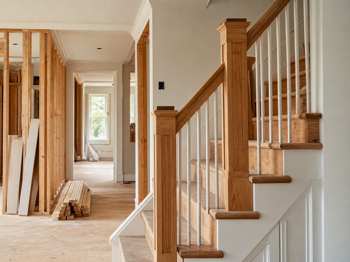 Illustration of framing and stair finishes during a residential renovation