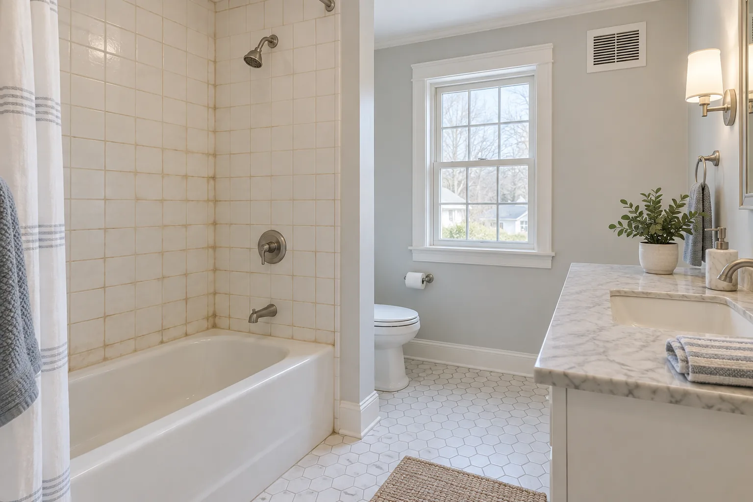 Distant view of discolored bathroom grout and a ventilation grille
