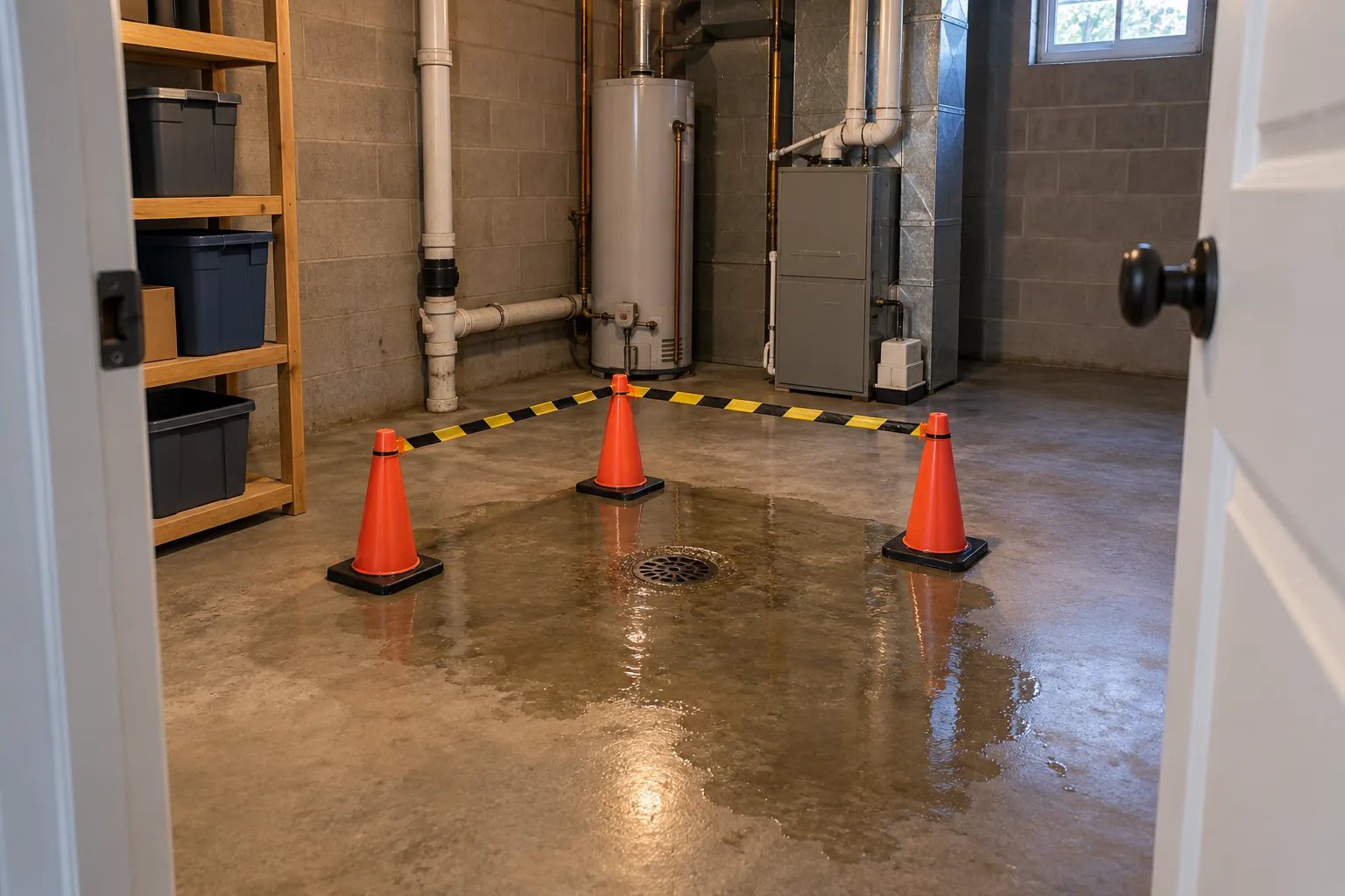 Closed-off basement utility space with a backed-up drain