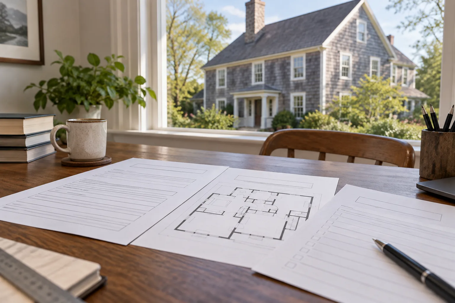 Blank notification papers and a floor plan on a desk