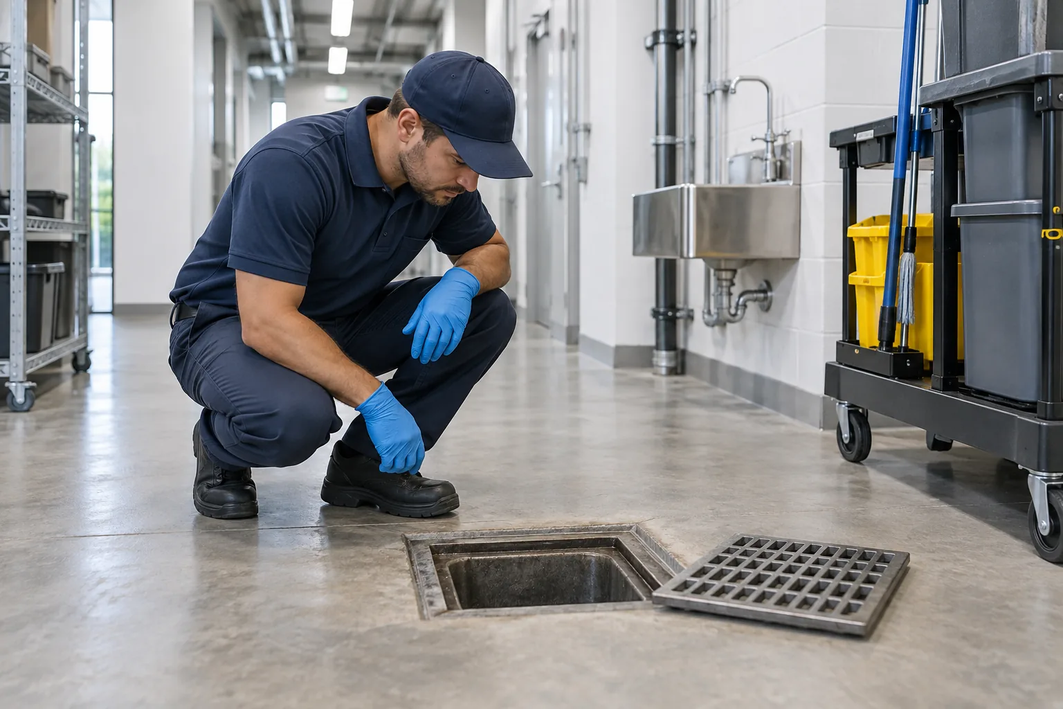 Maintenance worker inspecting a clean drain access area
