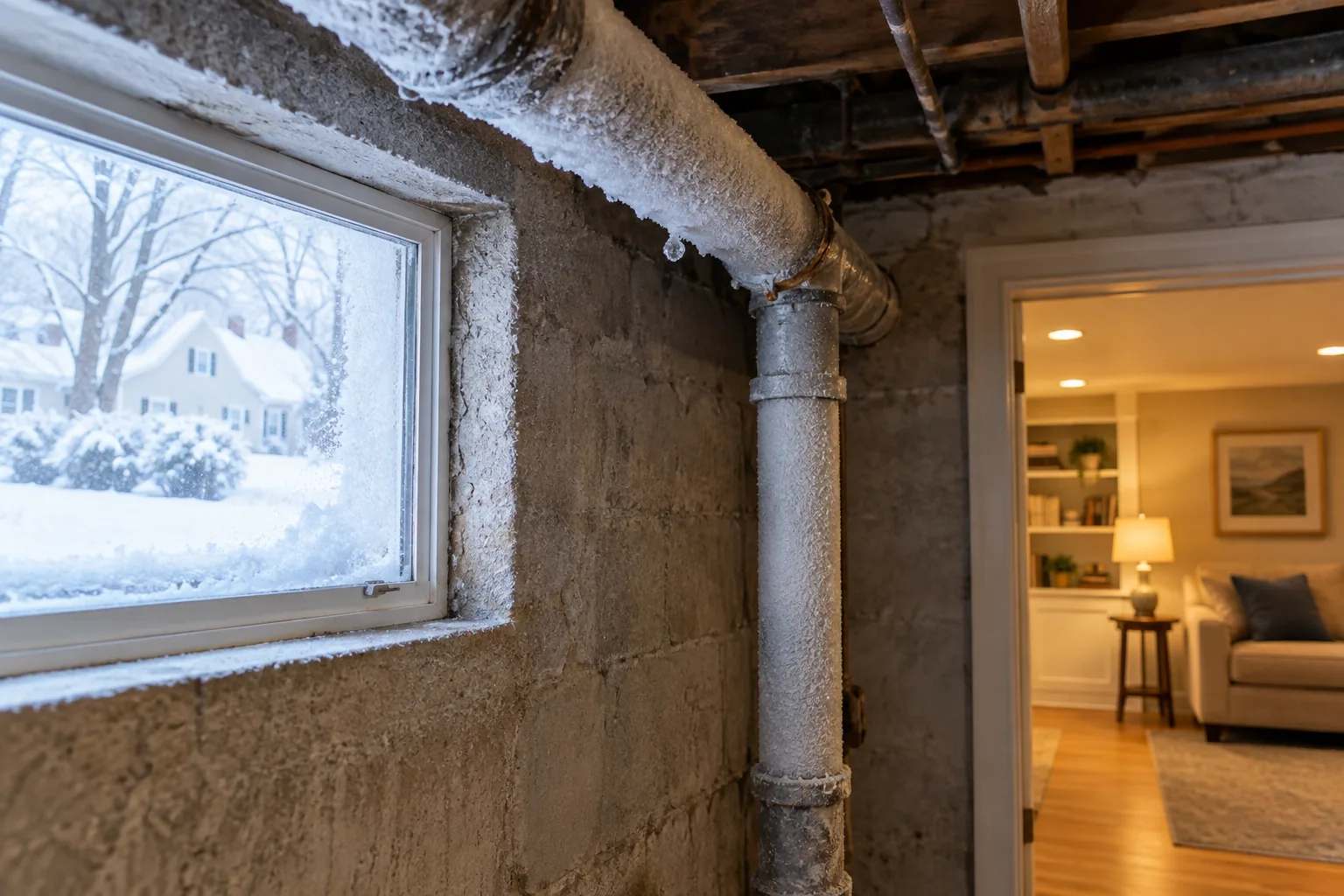 Frosted basement plumbing beside a winter window
