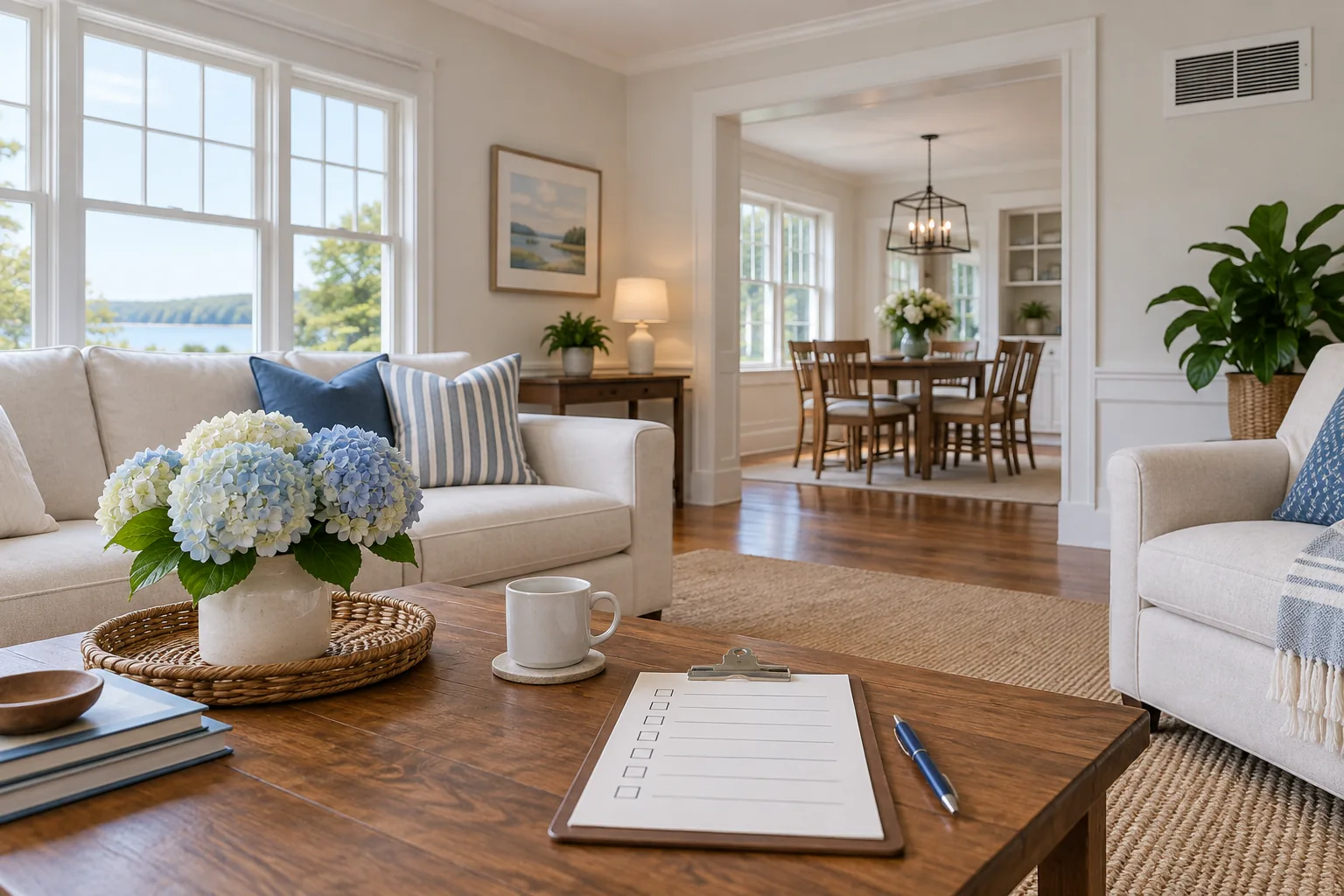 Bright dry living room with ventilation and a blank checklist