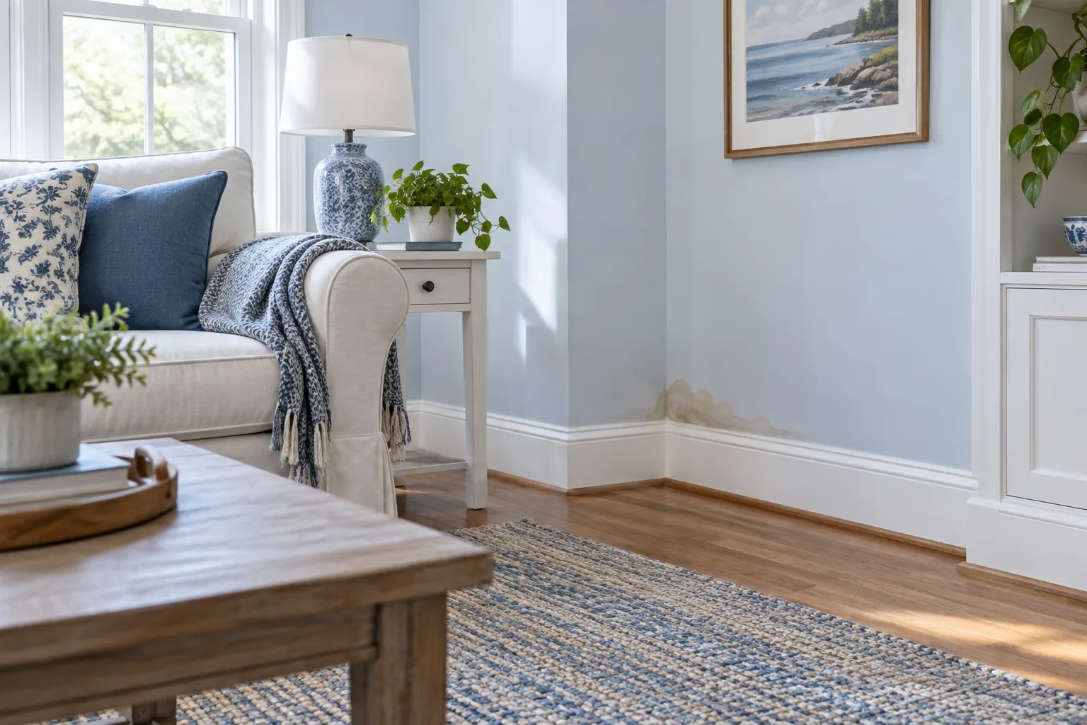 Subtle moisture stain along the baseboard of a bright living room