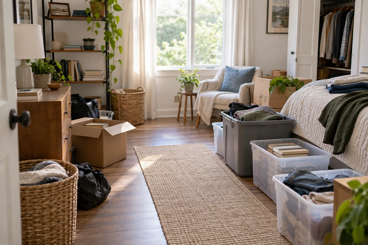 Respectfully organized sorting containers in a cluttered room