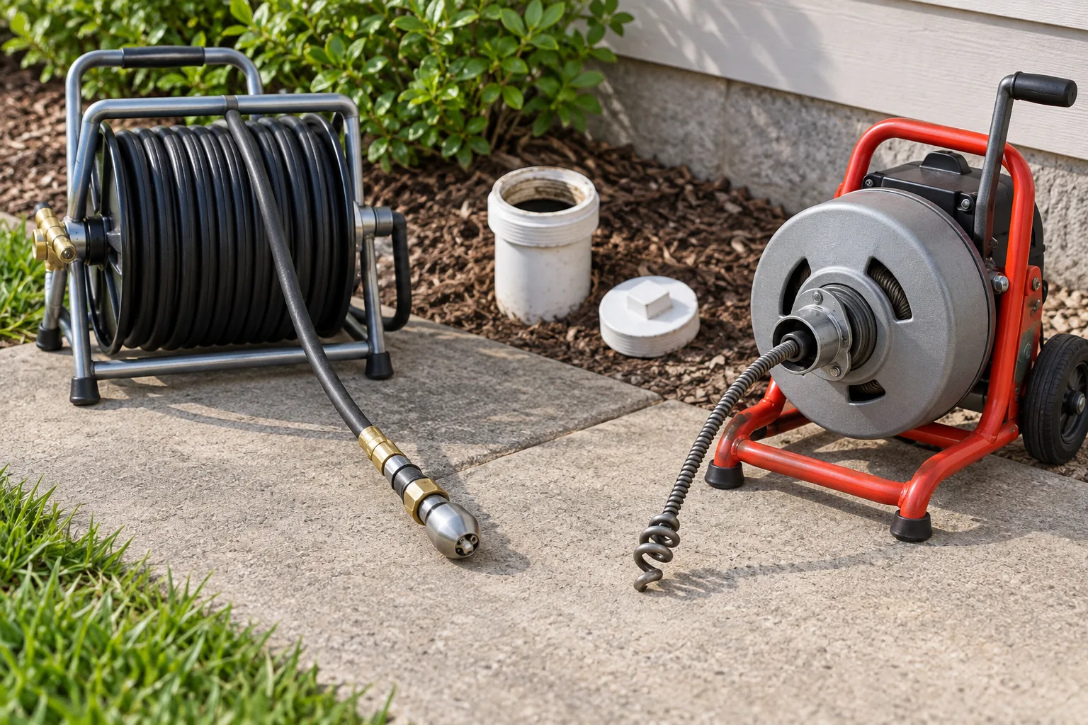 Clean hydro-jetting hose and cable-snake tools near an exterior cleanout