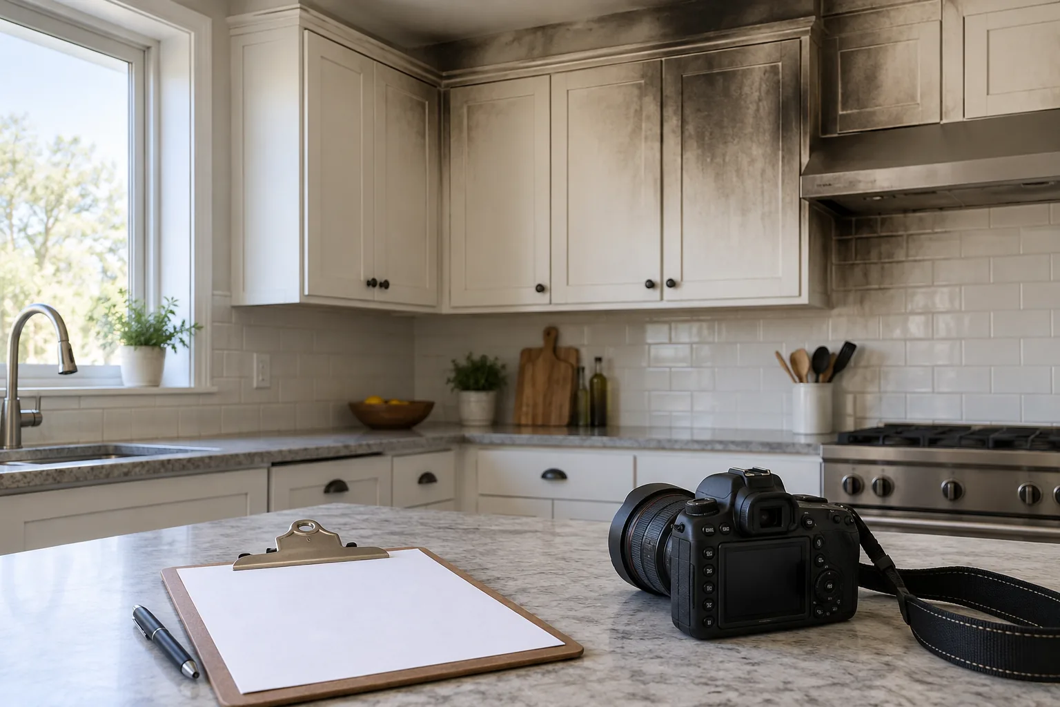 Smoke-stained kitchen cabinets with blank documentation supplies