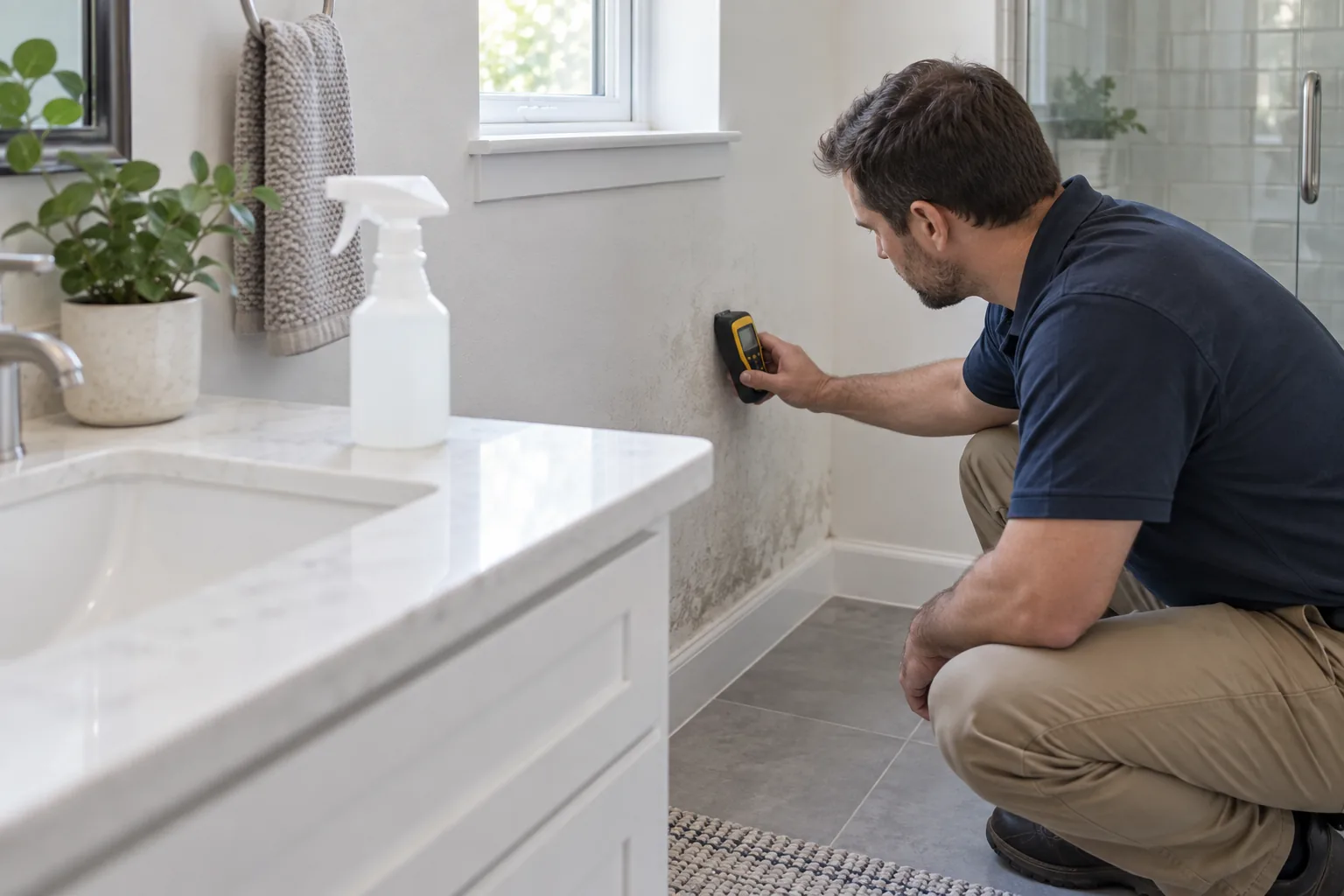 Spray bottle set aside while a professional checks a moisture source