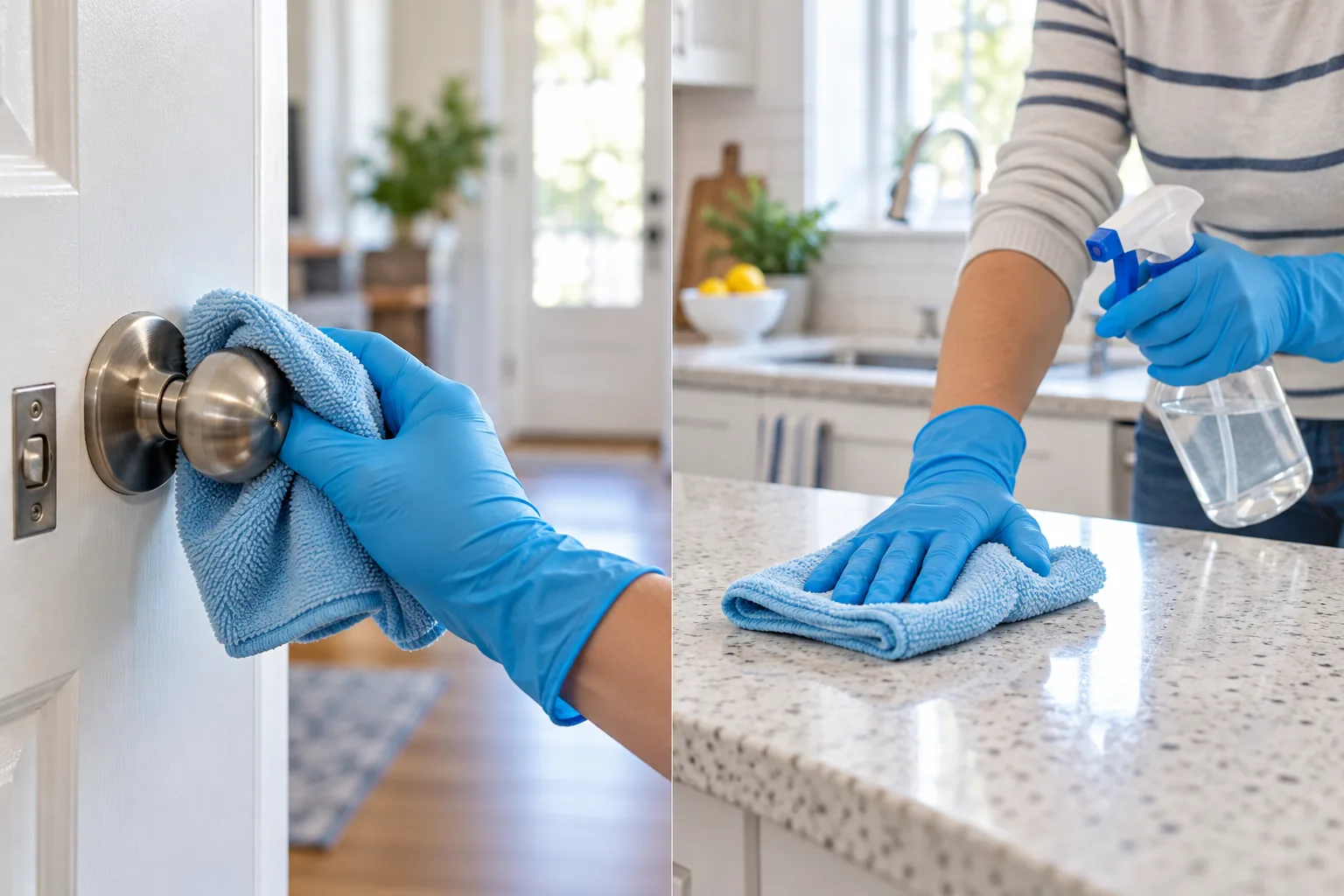 Gloved hands wiping high-touch household surfaces