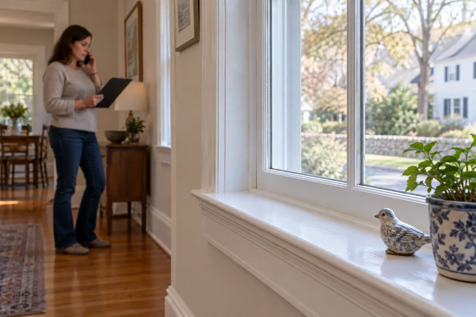Intact older windowsill with a caregiver arranging inspection nearby