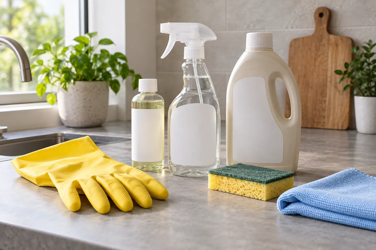 Unbranded cleaning supplies, gloves, and cloth on a countertop