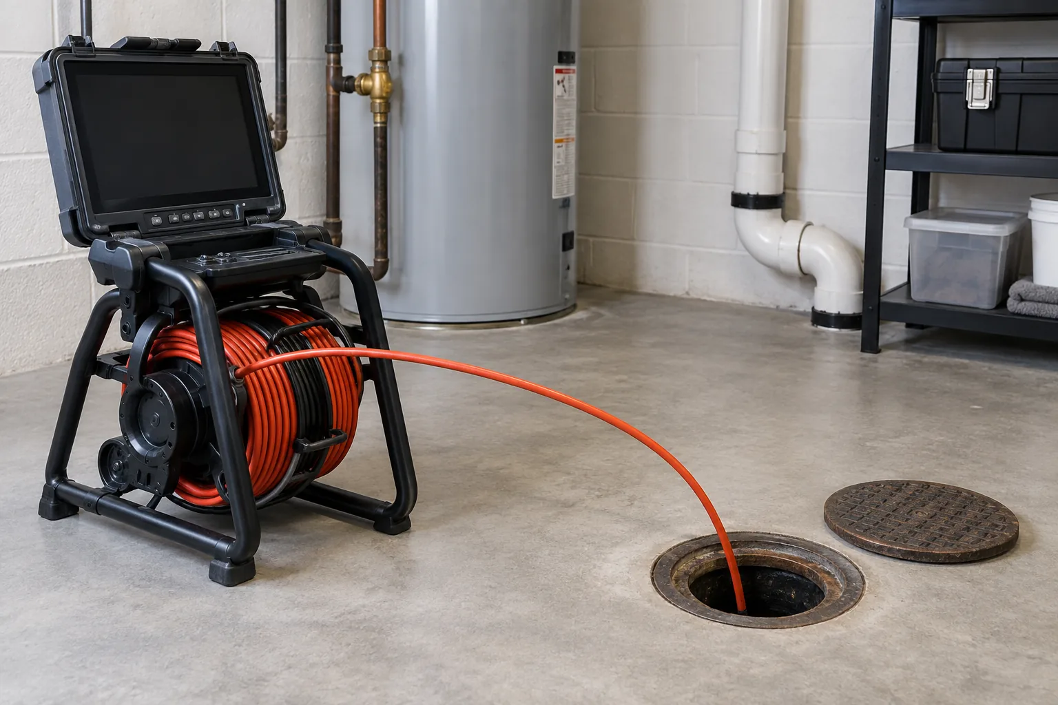 Inspection camera cable entering a clean drain access point