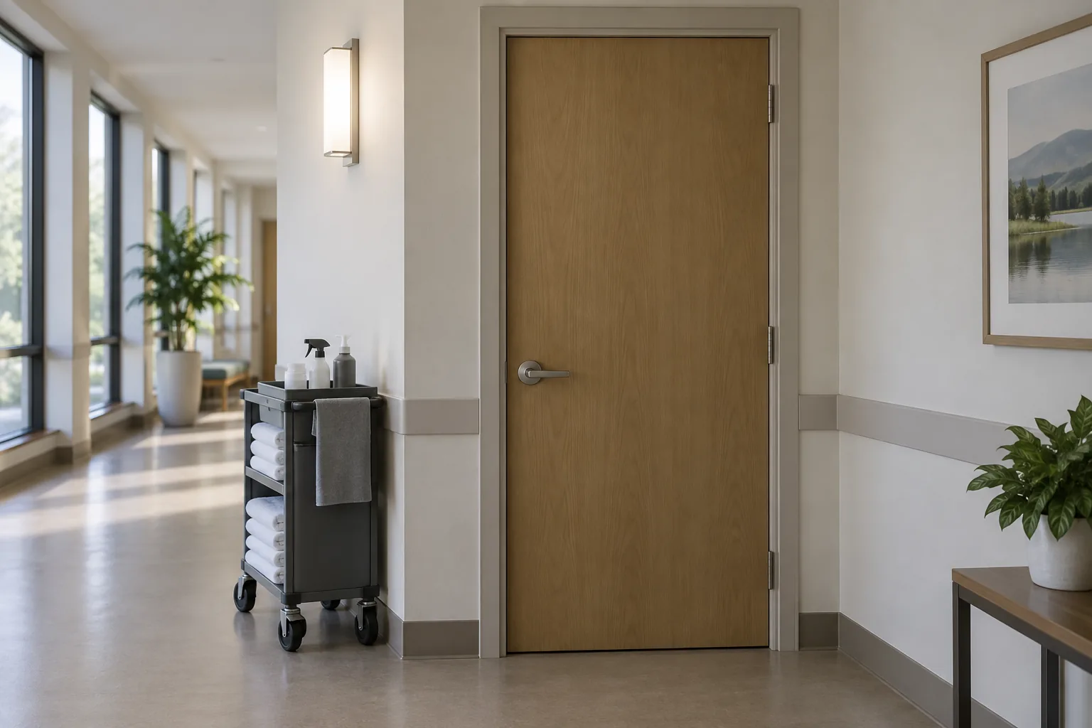 Quiet closed corridor door with discreet professional supplies nearby
