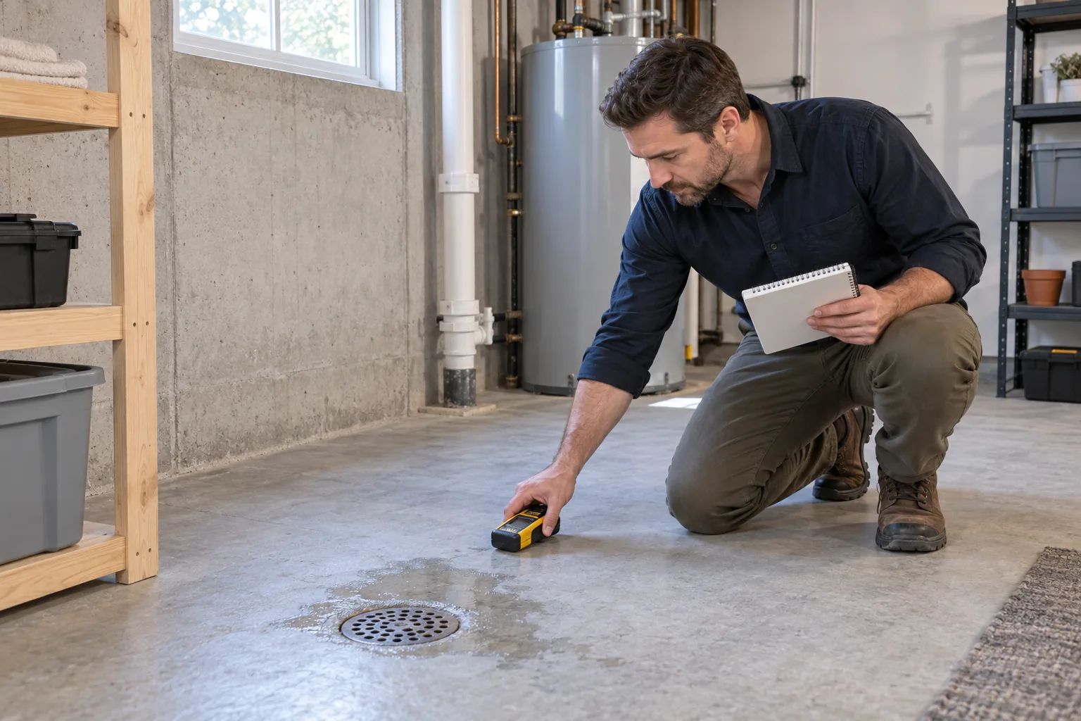Professional checking moisture near a basement floor drain