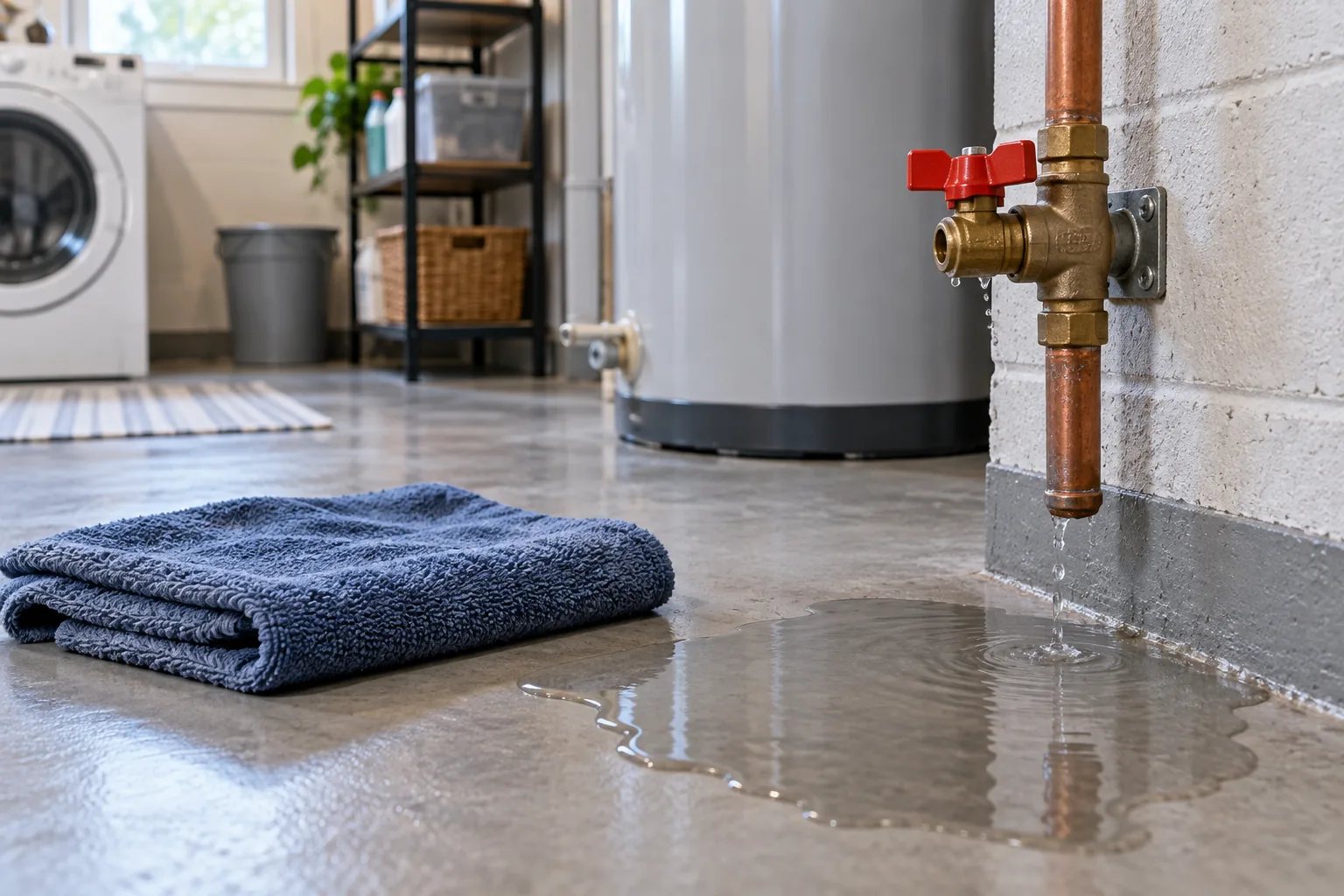 Small pipe leak near a shutoff valve with a towel on the floor