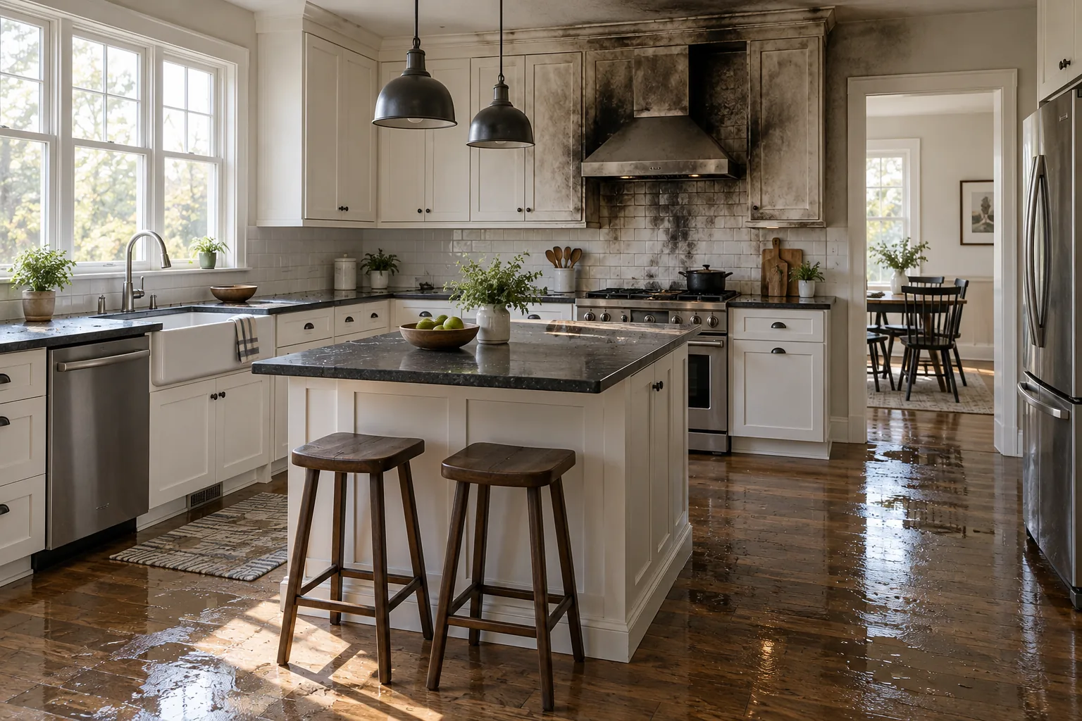 Cooled kitchen with subtle soot and water effects after a small fire