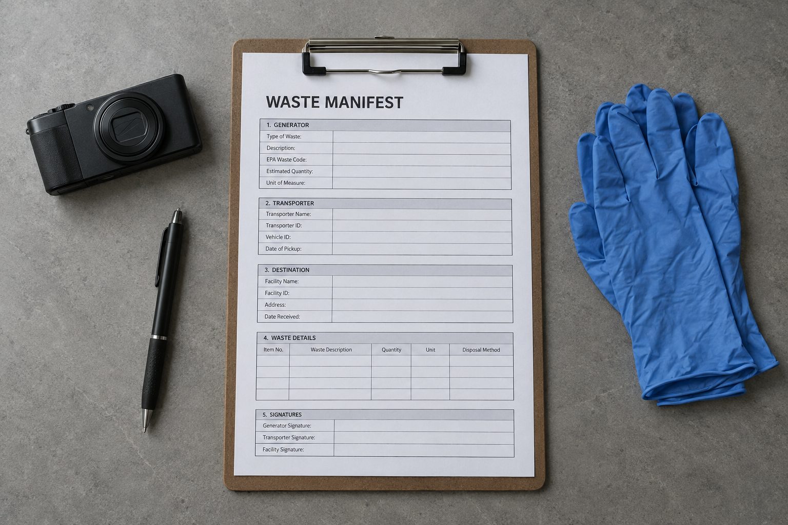 A clipboard, camera, gloves, and blank waste-manifest form arranged for project documentation