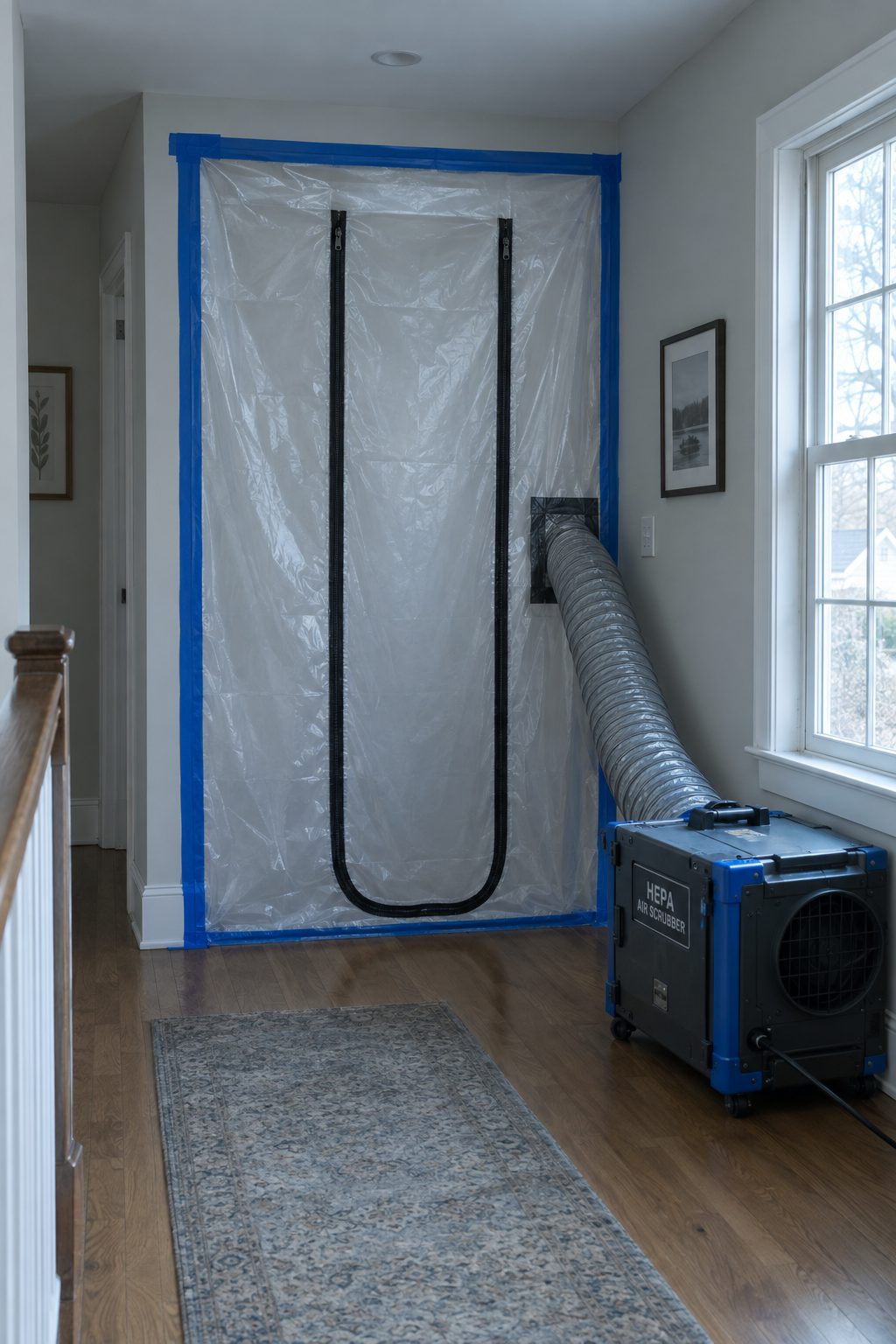 Sheeted containment doorway with filtration equipment isolating a work area