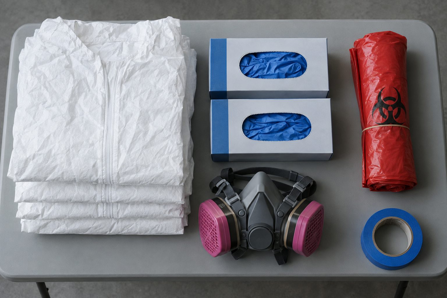 Protective suits, gloves, respirators, and sealed waste supplies arranged for a cleanup response