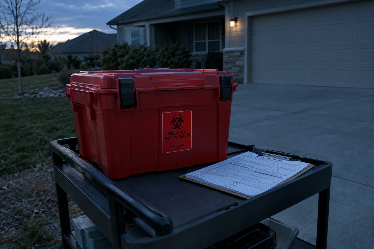 Sealed regulated-waste tote and project documentation staged on a technician cart