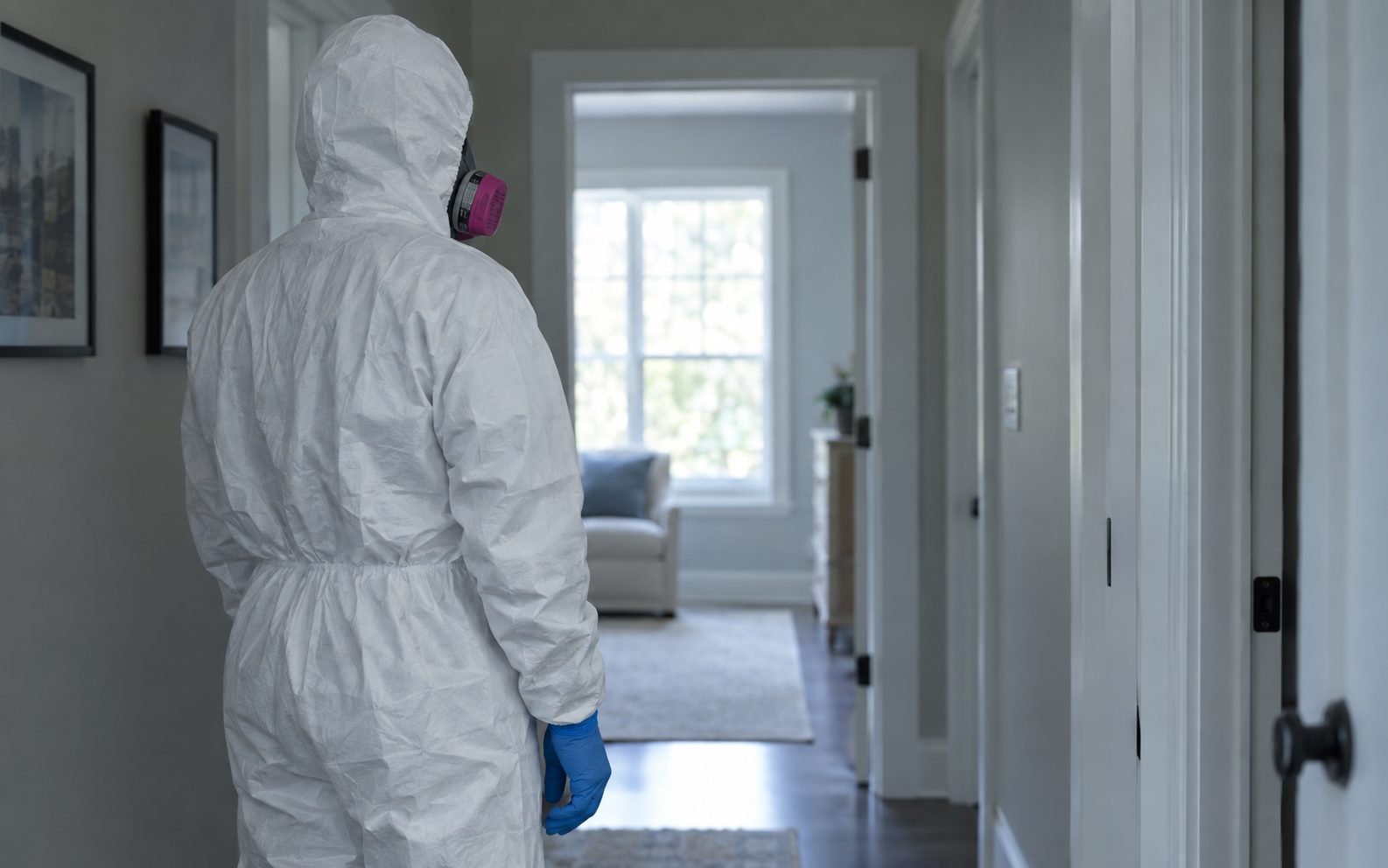 Biohazard cleanup technician wearing protective equipment at the entrance to a residential work area