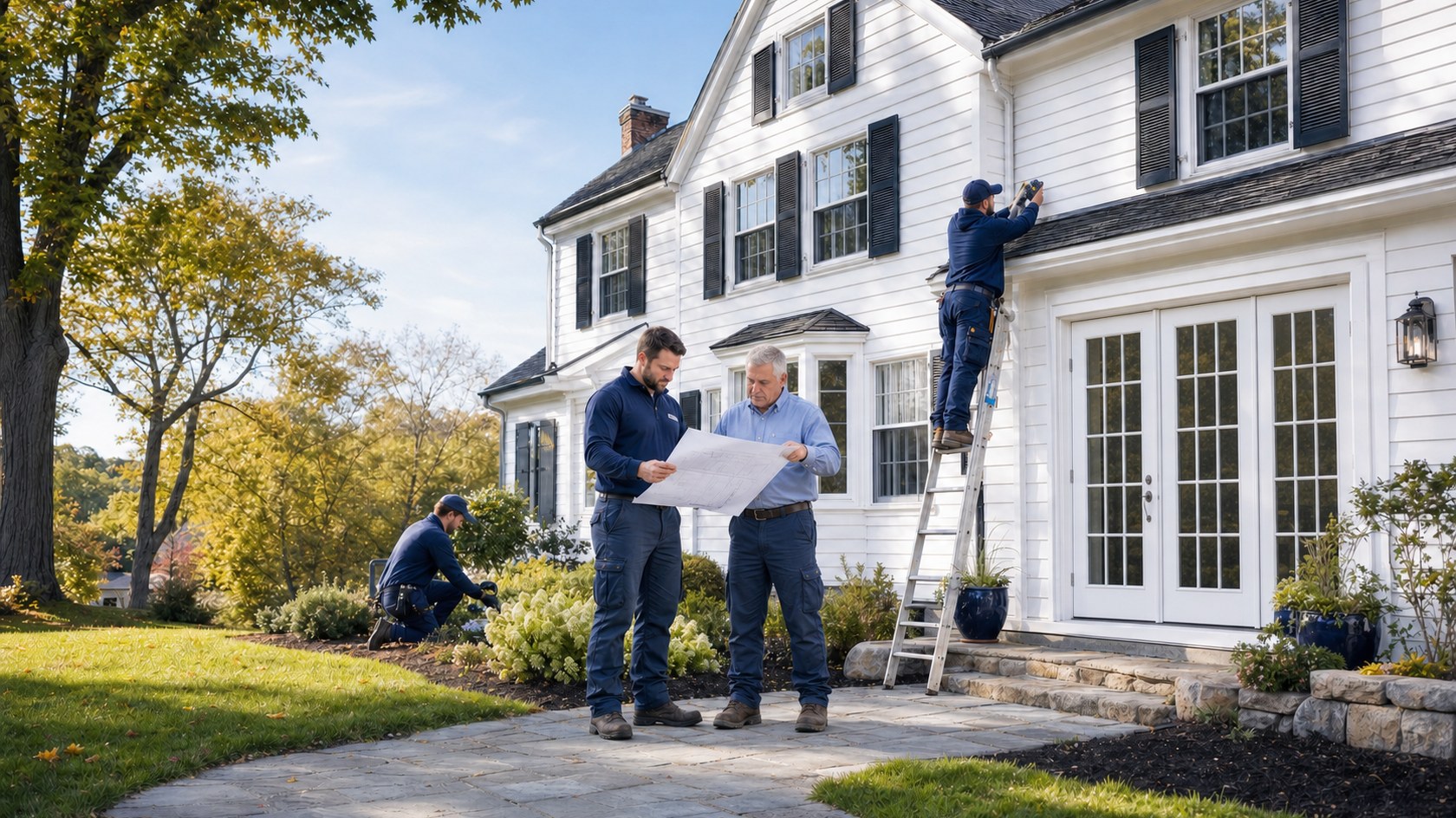 Two distinct restoration professionals reviewing plans outside a Connecticut home with closed patio doors